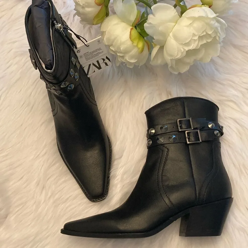 Zara Black Leather Strap Cowboy Comfortable Block Heel Ankle Boots